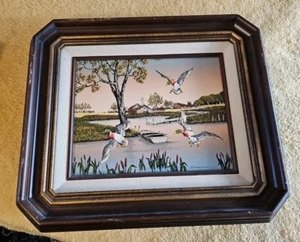 H. Hargrove Ducks In Flight Over A Pond 14" x 16" Signed Reproduction Vintage - Picture 1 of 11