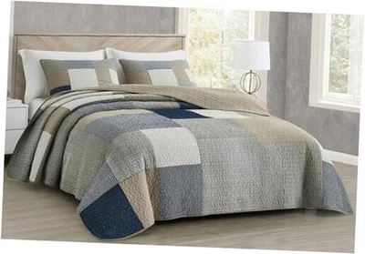  Addy 3 Piezas Azul Marino Blanco Gris Taupe Gran Tamaño King Cuadros Patchwork Taupe Foto 1 de 4