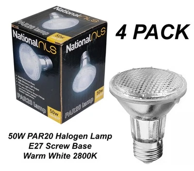4 x 50W PAR20 Mini Halogen Floodlight Globes Bulbs 240V E27 Warm White Dimmable - Image 1 of 4