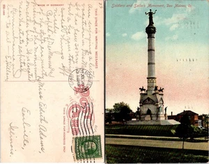 Postal Soldados y Marineros Monumento Des Moines Iowa Antiguo Hecho en Alemania - Imagen 1 de 1
