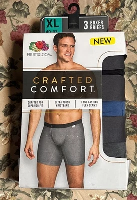 Fruit of the Loom Men's 3 Pack Black Grey Blue Boxer Briefs Crafted Comfort XL - Image 1 of 4