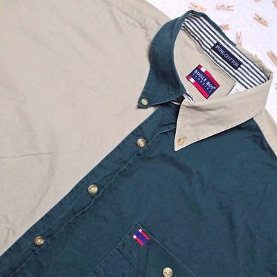 Vintage Bugle Boy Classics Colorblock Shirt Large Green Beige Short Sleeve - Image 1 of 4