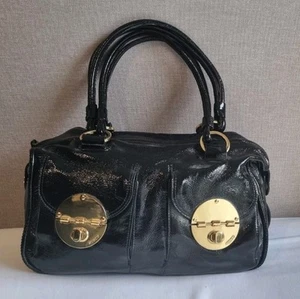 Mimco Large Black Patent Leather with Gold Turnlock Zip Top Hand Bag - Picture 1 of 9