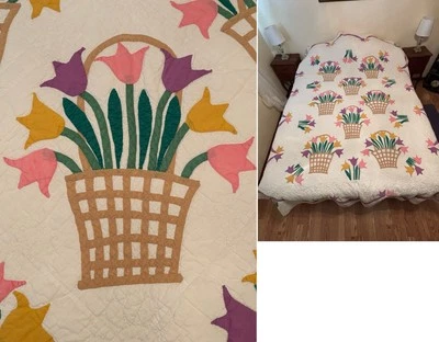 Cesta de tulipanes edredón de colección años 40 hecho a mano apliques intrincados 96"x74" ¡Maravilloso! Foto 1 de 4