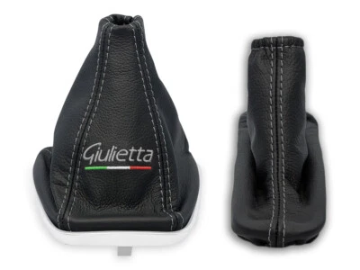 PARA ALFA ROMEO GIULIETTA CAMBIO DE MARCHAS + POLAINA FRENO CUERO BORDADO BANDERA GRIS Foto 1 de 4