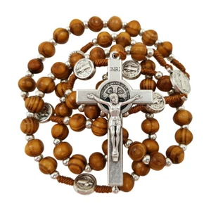 Collar católico con cuentas de rosario de madera de olivo medalla crucifijo caja de regalo - Imagen 1 de 8