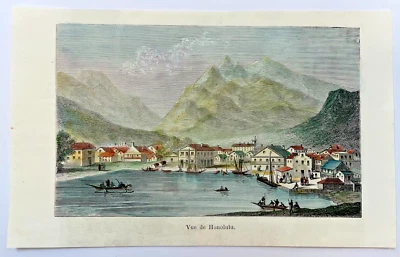 HONOLULU HAVAÍ c. 1860 BELA VISTA GRAVADA ANTIGA SÉCULO 19 - Imagem 1 de 2