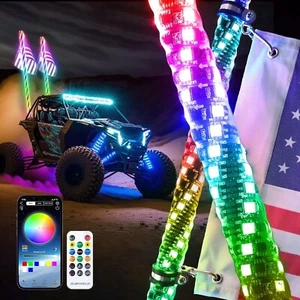 Pair 3ft RGB Spiral LED Whip Lights Antenna Chase + Flag&Remote for ATV UTV - Picture 1 of 7