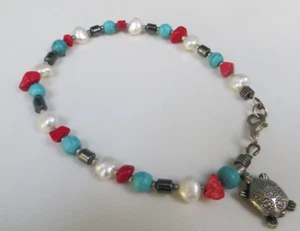Coral, Turquoise, Hematite & Freshwater White Cultured Pearl Bracelet with Charm - Picture 1 of 9