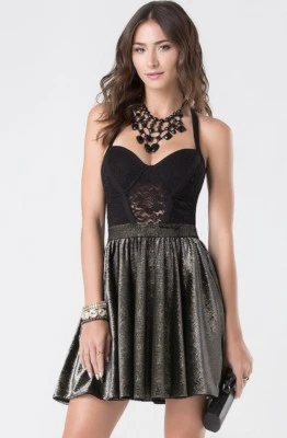 Bebe Velvet Velour Lace Black Gold Metallic Cocktail Party Dress Size M $160 Foto 1 de 4