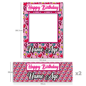 Happy Birthday Personalised Diamond Hearts Selfie Frame + 2 Banners Kids Party