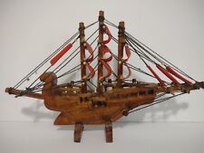 Vintage Wood Model Clipper Sailing Pirate Ship Red Cloth Sails 11"          F3