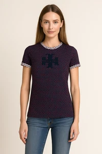 Tory Burch Womens Patterned Logo Tee Shirt XS Purple Navy Geometric Print - Picture 1 of 14