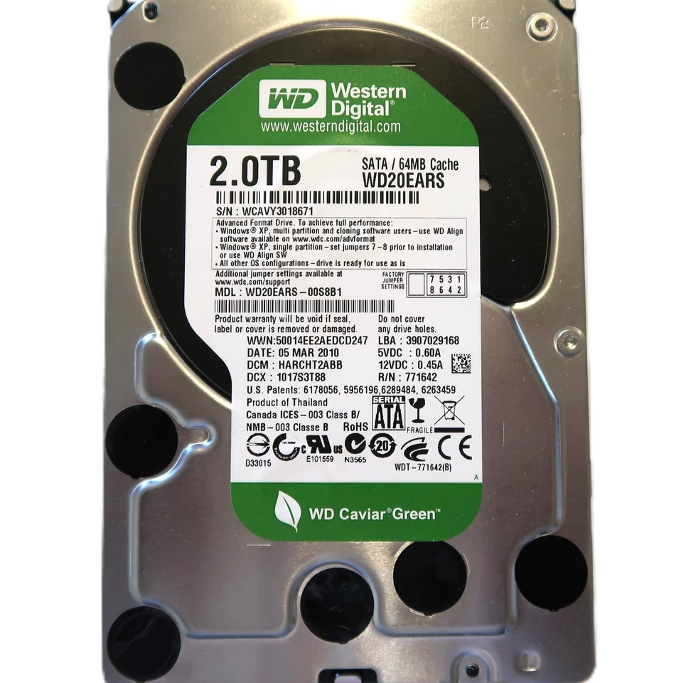 WD WD20EARS-00S8B1 HARCHT2ABB (WCAV) Thailand 3.5" 2TB Sata HDD MAR/2010 - Image 1 of 1