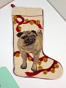 Needlepoint Christmas Stocking Dog Pug Bells Cream Wool Red Velvet Back - Picture 1 of 4
