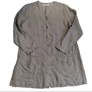 Abito tunica lino 100% lino marrone scollo V manica lunga boho bottoni taglia M - Foto 1 di 5