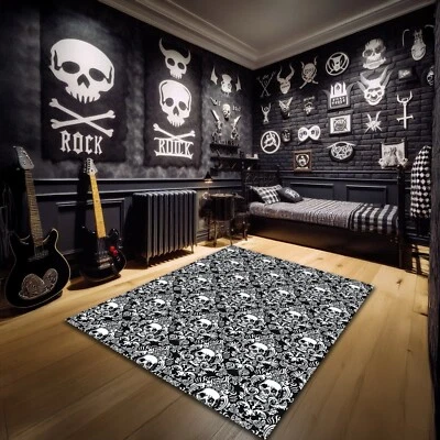 Tapete estilo gótico damasco padrão caveira tapete esqueleto preto quarto de menina gótico - Imagem 1 de 4
