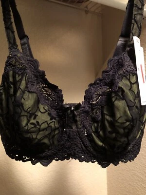 LUNAIRE Black LACE UNDERWIRED EMBROIDERED BRA Size 34D with Green Lining NWT! — 第 1/4 张图片