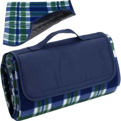Printed Plaid Barrel Fleece Picnic Blanket – Navy / Green Waterproof – Stadium - Image 1 of 4