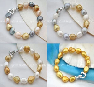 Genuine Natural 9-10mm Baroque Golden Black Pink Freshwater Pearl Bracelet 8'' - Picture 1 of 9