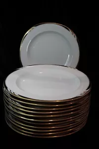 MIKASA OMEGA L2058 WHITE WITH BLACK & GOLD SWIRL ON RIM 12 DINNER PLATES 10 1/2" - Picture 1 of 6