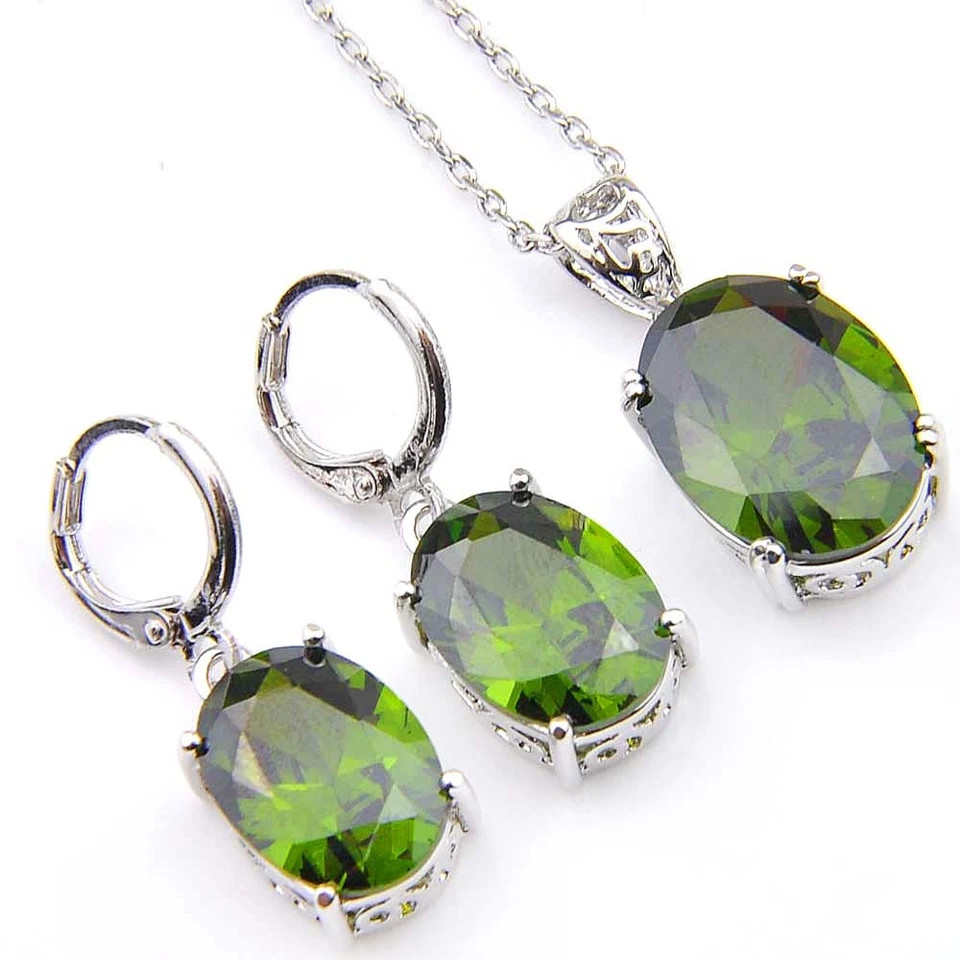 Jewelry Set Classical Rectangle Green Peridot Silver Dangle Earrings Pendants - Image 1 of 4