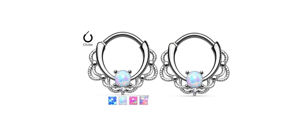 Pair Lacey Single Opal Glitter Septum Clicker Nipple Barbells Shields Jewelry - Image 1 of 1