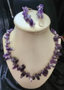 20" Polished Amethyst Necklace w/Earrings - .925 Hardware 3" Drop - Lobster Claw - Picture 1 of 9