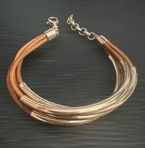 FOSSIL BROWN LEATHER CORD BRACELET GOLD TUBES CLASP BOGO PUNKY - Picture 1 of 2