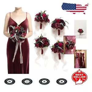 Set of 4 Red & Burgundy Artificial Bridesmaid Bouquets – 7 Inch Floral Elegance - Picture 1 of 8