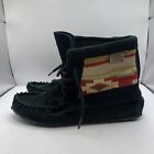 Woman's Suede Black Laurentian Chief Fringed Moccasin Shoes Canada Made Sz 6 