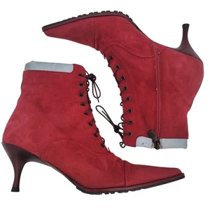Donald Pliner Size 6.5 Suede Leather RED Lace Up Ankle Boots Heeled Booties - Picture 1 of 10