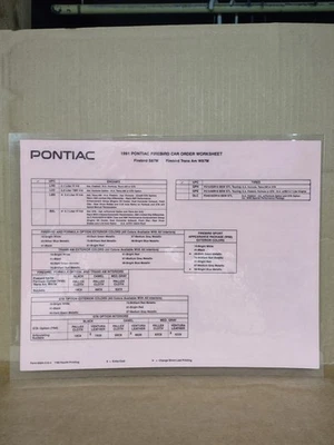 1991 年庞蒂亚克 Firebird 新汽车经销商订单工作表 — 第 1/2 张图片