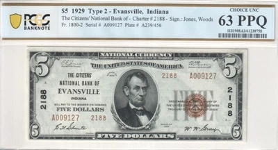 1929 Ty. II $5 Dollars Citizens' National Bank of Evansville Indiana PCGS 63 PPQ - Image 1 of 4