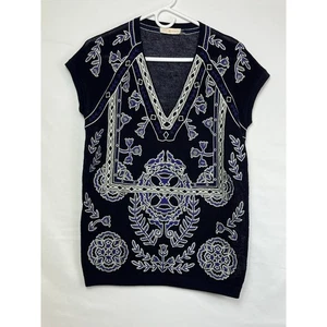 Chaleco Suéter Tori Burch Para Mujer Pequeño Azul/Gris 100% Lana Merino Bordado - Imagen 1 de 7
