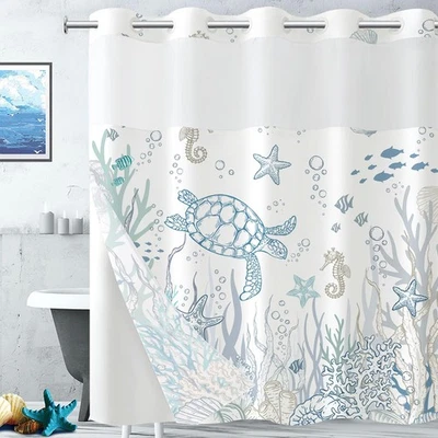 No Hook Shower Curtain with Snap in Liner, Nautical Coastal Turtle Coral Star... - Image 1 of 4