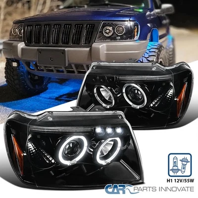 Pearl Black Fit 1999-2004 Jeep Grand Cherokee LED Halo Projector Headlights Lamp - Image 1 of 4
