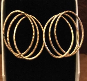 Pendientes ovalados de triple alambre de oro amarillo de 14 k para dama con corte de diamante - Imagen 1 de 2