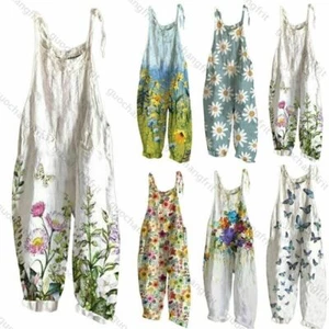Damen Boho Blumen Latzhose Dungarees Jumpsuit Trägerhose Weite Bein Lose Overall - Bild 1 von 25