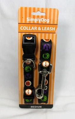 Collar de perro tamaño mediano Halloween Simply Dog y correa de 5' calavera calabaza bruja negro Foto 1 de 4