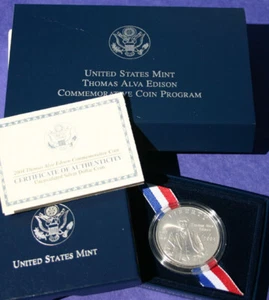 2004 P Thomas Alva Edison BU 90% Silver Dollar US Mint $1 Coin Box and COA - Picture 1 of 3