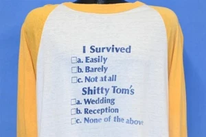 vintage 80s I SURVIVED SH**TY TOMS WEDDING YELLOW RAGLAN 3/4 SLV t-shirt LARGE L - Picture 1 of 3