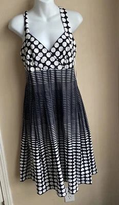 Dana Buchman Black & White Dot Halter Pleated Flare Dress w Crossover Back Sz 6 - Image 1 of 4