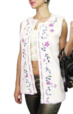 Chelsea & Violet Women Ivory Faux Fur Floral Embroidered Boho Vest Size Medium - Image 1 of 4