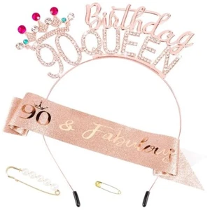 "90th" Birthday Queen Headband for Women, "90" & Fabulous Birthday Sash & Pin - Picture 1 of 7
