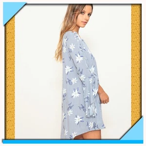 Dress Women's L Blue White Floral Stripe Bell Sleeved Mixed Print NWT - Picture 1 of 5