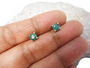 Green Round EMERALD Sterling Silver 925 Gemstone Stud Earrings - 5 mm - Picture 1 of 4