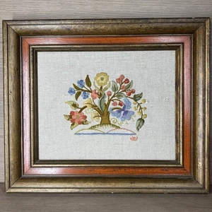 Jacobean Crewel Embroidery Tree Of Life Flowers Framed MCM - Picture 1 of 8