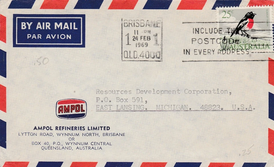 Australia to US BRISBANE QL 25c Bird AMPOL REFINERIES Illustrated 1969 - Image 1 of 1