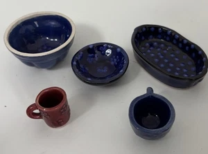5 Small Art Pottery -Stoneware- Doll House/Shadow Box - 3 Bowls, 2 Mugs EUC - Picture 1 of 11